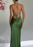 Green/Yellow Fashion Charming Mermaid Spaghetti Straps V Neck Sexy Slit Long Satin Elegant Prom Dress, Evening Dress, Party Dress HZ1023
