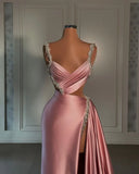Pink gorgeous shiny V-neck fashionable exquisite beading spaghetti straps long satin sexy prom dress, evening dress, party dress HZ1023