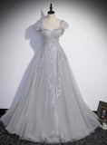 Grey Sweetheart Lace And Tulle A-Line Evening Dress, Light Grey Prom Dress HZ1023