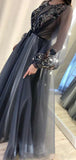 Grey/blue/green elegant delicate floral applique long sleeves maxi tulle ball gown evening dress party dress HZ1023