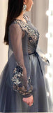 Grey/blue/green elegant delicate floral applique long sleeves maxi tulle ball gown evening dress party dress HZ1023