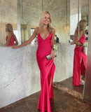 Hot pink A-line V-neck sleeveless long satin prom dress evening gown party dress HZ1023