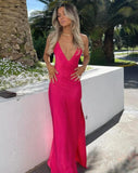 Hot pink A-line V-neck sleeveless long satin prom dress evening gown party dress HZ1023