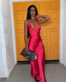 Hot pink A-line V-neck sleeveless long satin prom dress evening gown party dress HZ1023