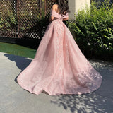 Pink glitter exquisite beading off-shoulder A-line elegant long tulle ball gown evening dress fairy princess dress HZ1023