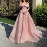Pink glitter exquisite beading off-shoulder A-line elegant long tulle ball gown evening dress fairy princess dress HZ1023