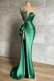 Green luxury gorgeous beaded gown long elegant satin sexy slit prom dress evening gown party dress HZ1023