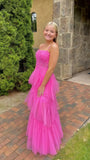 Hot pink elegant fashion long layered tulle bodycon princess ball gown evening dress HZ1023