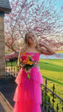 Hot pink elegant fashion long layered tulle bodycon princess ball gown evening dress HZ1023