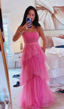 Hot pink elegant fashion long layered tulle bodycon princess ball gown evening dress HZ1023