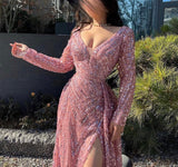 Long sleeved sequins a line prom dress shiny pink evening gown with slit HZ1023