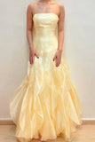 Yellow elegant fashion off-shoulder sleeveless tube top long chiffon ruffle formal prom dress evening dress party dress HZ1023