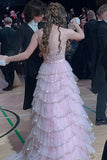 Pink shiny elegant off-shoulder sweet ruffle long tulle tiered ball gown, evening dress, party dress HZ1023