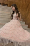 Pink shiny elegant off-shoulder sweet ruffle long tulle tiered ball gown, evening dress, party dress HZ1023