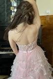 Pink shiny elegant off-shoulder sweet ruffle long tulle tiered ball gown, evening dress, party dress HZ1023
