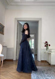 Navy Blue Vintage Fashion Elegant Strapless A-Line Delicate Lace Long Tulle Ball Gown Evening Dress HZ1023