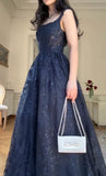 Navy Blue Vintage Fashion Elegant Strapless A-Line Delicate Lace Long Tulle Ball Gown Evening Dress HZ1023