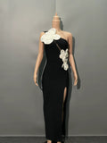 2025 New Slant Shoulder Three-Dimensional Flower Evening Dress Sexy Elegant Party Party Tender Women's Dress 68HZ