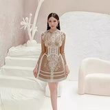 Autumn 2025 Lace Water-Soluble Flower Hollow Dress Long Sleeve Brown Short Skirt 68HZ