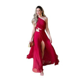 High-Level Famous Style Sexy Metal Buckle Buckle Waist Ball Dress 2025 New Single-Sleeve Dress Women's Summer 68HZ