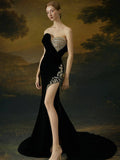 New Heavy Industry Diamond High Open Fork Bra Black Dress Famous Party French High-End Feel Evening Dress 68HZ