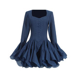 Design-Sensitive Fairy Dress 2025 New Square Collar Single Buckle Lotus Side Horn Sleeve Short Dress 68HZ