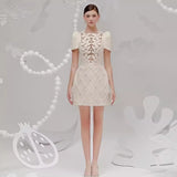 Summer 2025 Summer Three-Dimensional Floral Pattern Splicing Lattice Dress Single Row Pearl Buckle Skirt 68HZ