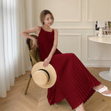 Wine Red Seaside Holiday Sling Dress Women's Summer 2024 New Temperament Loose 100-Folded Long Dress Super Fairy 68HZ