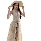 French Holiday Style V-Neck Hanging Neck Top Skirt Half Dress Two Sets Of Women's Summer Beach Beach Skirt 68HZ