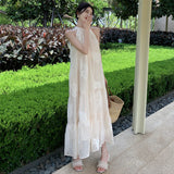 2025 Summer Dress French Apricot Embroidered Hanging Neck Dress Sleeveless Shoulder Big Skirt Holiday Dress Dress 68HZ