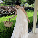 2025 Summer Dress French Apricot Embroidered Hanging Neck Dress Sleeveless Shoulder Big Skirt Holiday Dress Dress 68HZ