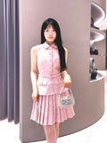 Small Design Pink Temperament Beads Top 2024 Summer Beauty POLO Received Waist 100 Folded Skirts Two Pieces 68HZ