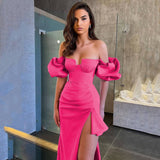 Women's Sexy Breasts Deep V Bandaged Skirts Shoulder Lantern Sleeve Open Party Dress Dress 68HZ