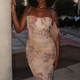 Women's New Mesh Screen Print Sling Skirt Body-Dressed Temperament Open-Back Dress Floral Dress Dress 68HZ