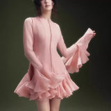 Fall 2025 Long-Sleeved Dating Dress Lotus Edge Cut Dress White Short Dress 68HZ