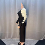 New Black Shoulder Hollow White Flower Long Sleeve Long Bandat Party Evening Dress 68HZ