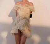 Leisure Holiday Wind Shoulder Short Dress 2025 New V Collar Shoulder Lotus Side Flower Dress Female High Sense 68HZ