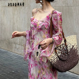 / Holiday Fairy Pink Broken Flower Dress Design Feeling Lotus Leaf Side Flowing Long Dress 2024 New Model 68HZ