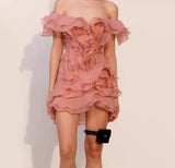 Leisure Holiday Wind Shoulder Short Dress 2025 New V Collar Shoulder Lotus Side Flower Dress Female High Sense 68HZ