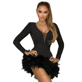 New Fashion Feather Bandage Dress Sexy V-Neck Mesh Yarn Long-Sleeved Party Dress 68HZ