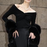 / Zhao Sanguan 2024 New One-Word Shoulder Elastic Wrinkled Top Elegant Long-Sleeved T-Shirt 68HZ