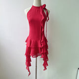 2024 New Sexy Lotus Side Flowers Hanging Neck Skirt Atmosphere Feel Flowing Sleeveless Short Dress 68HZ