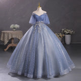 New Gray-Blue Temperament Beautiful Solo Performance Costume Student Vocal Art Canopopy Skirt Annual Meeting Host Evening Dress 68HZ