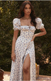 Summer Women's Dress French Fashion Elegant Floral Long Dress Female Bare Backs Open Fork Bubble Sleeve Dress 68HZ