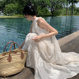 2025 Summer Dress French Apricot Embroidered Hanging Neck Dress Sleeveless Shoulder Big Skirt Holiday Dress Dress 68HZ