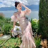 One-×Öshoulder Bubble Sleeve Chiffon Flower Hanging Dress Women Summer Seaside Holiday Super Fairy Long Dress 68HZ