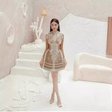 Autumn 2025 Lace Water-Soluble Flower Hollow Dress Long Sleeve Brown Short Skirt 68HZ