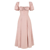 Summer Women's Dress French Fashion Elegant Floral Long Dress Female Bare Backs Open Fork Bubble Sleeve Dress 68HZ