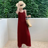 Wine Red Seaside Holiday Sling Dress Women's Summer 2024 New Temperament Loose 100-Folded Long Dress Super Fairy 68HZ