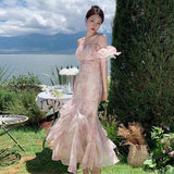 One-×Öshoulder Bubble Sleeve Chiffon Flower Hanging Dress Women Summer Seaside Holiday Super Fairy Long Dress 68HZ